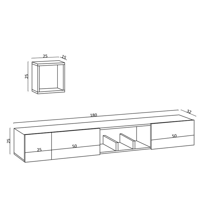 Hanah Home Mueble TV Roble Zafiro 180cm Ancho, Estante Pared 25cm, Cómoda 50cm
